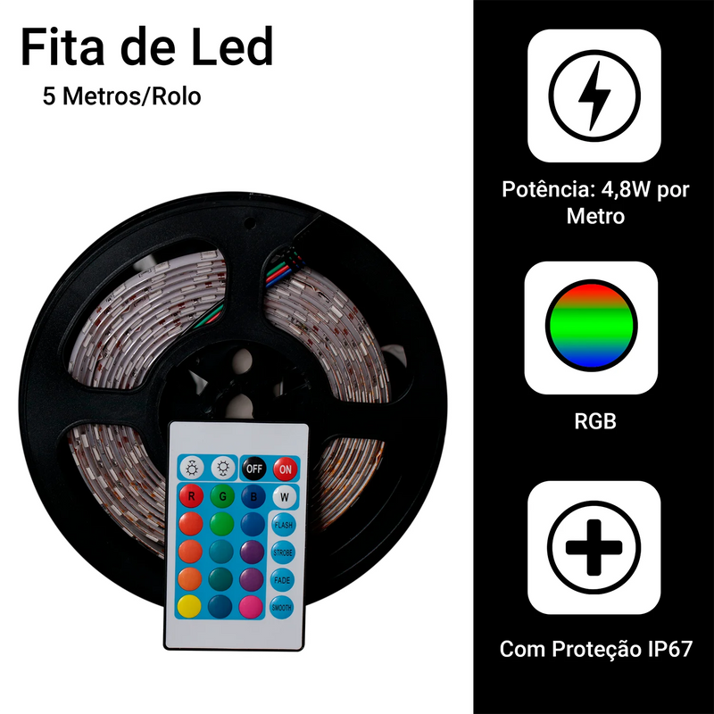 Rolo Fita de Led 5050 Rgb - 5m- Ip65 + Controle +Fonte 12v Bivolt